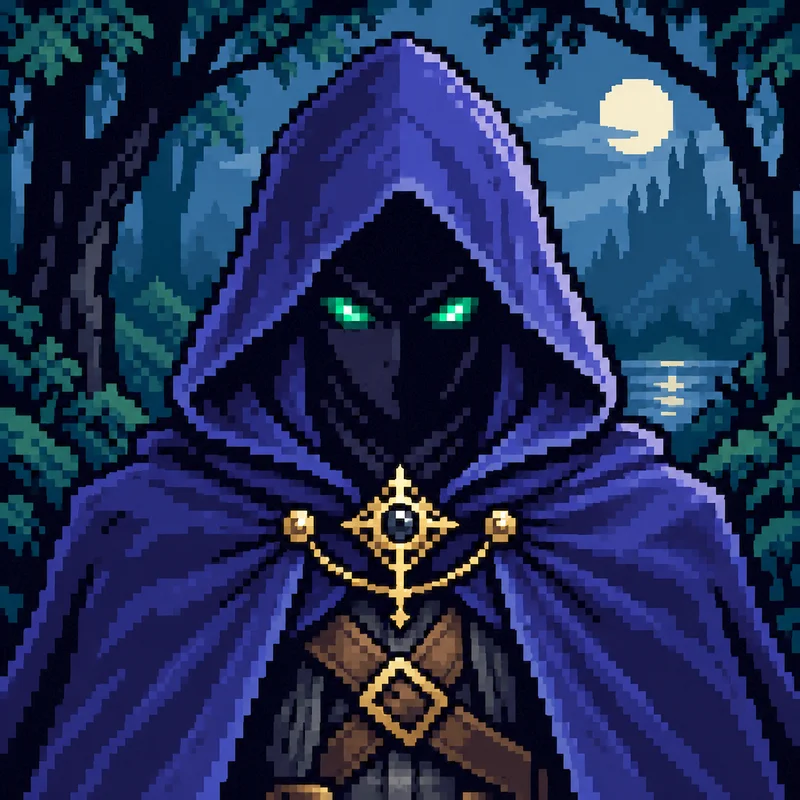 A hooded figure with glowing green eyes stands in a moonlit forest, a gold clasp at the throat of a deep blue cloak.